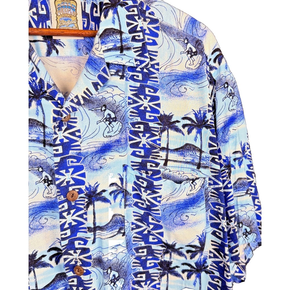 Ocean Current Vintage Shirt XL Blue Surfer Geometric Rayon Hawaiian Aloha Camp